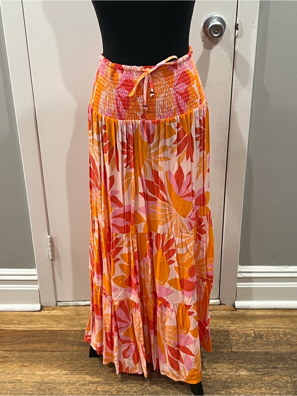 Tiered Floral Maxi Skirt with Smocked Waist in Pink & Orange